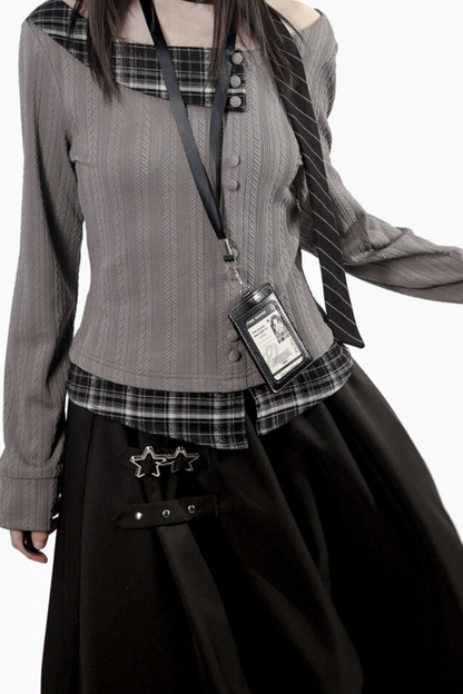 Y2k Dark Top + Flare Skirt + Scarf
