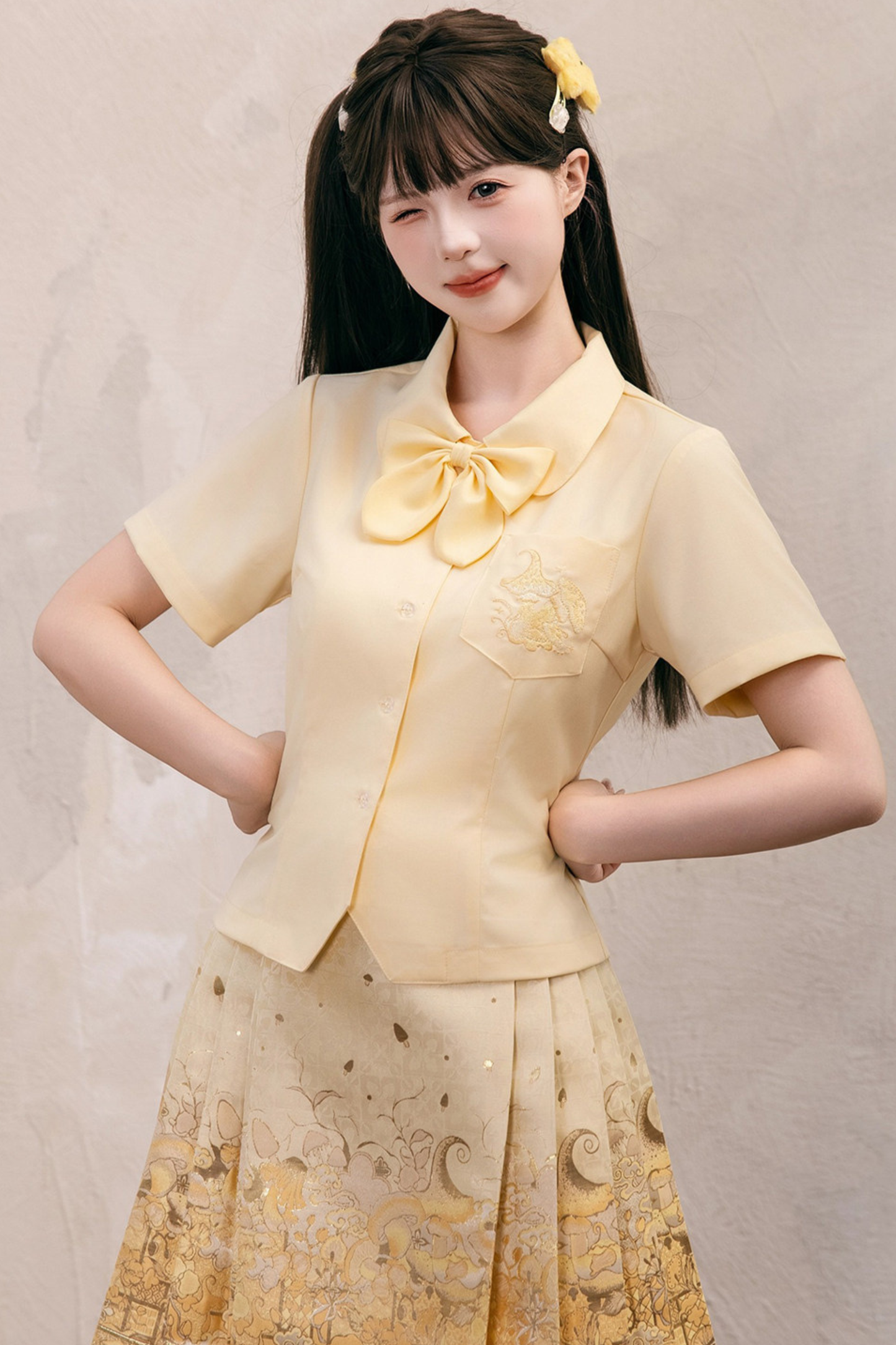 Sweet Chinese-style Preppy Shirt + Skirt + Bow Tie