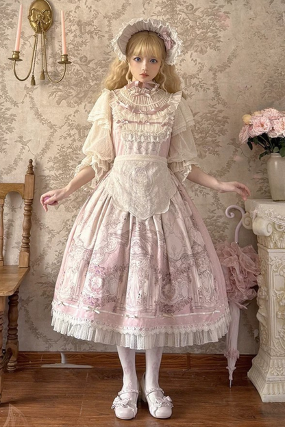 [pre-order Deadline: April 26] Rococo Lace Pink Classic Lolita Dress + Apron + Bonnet