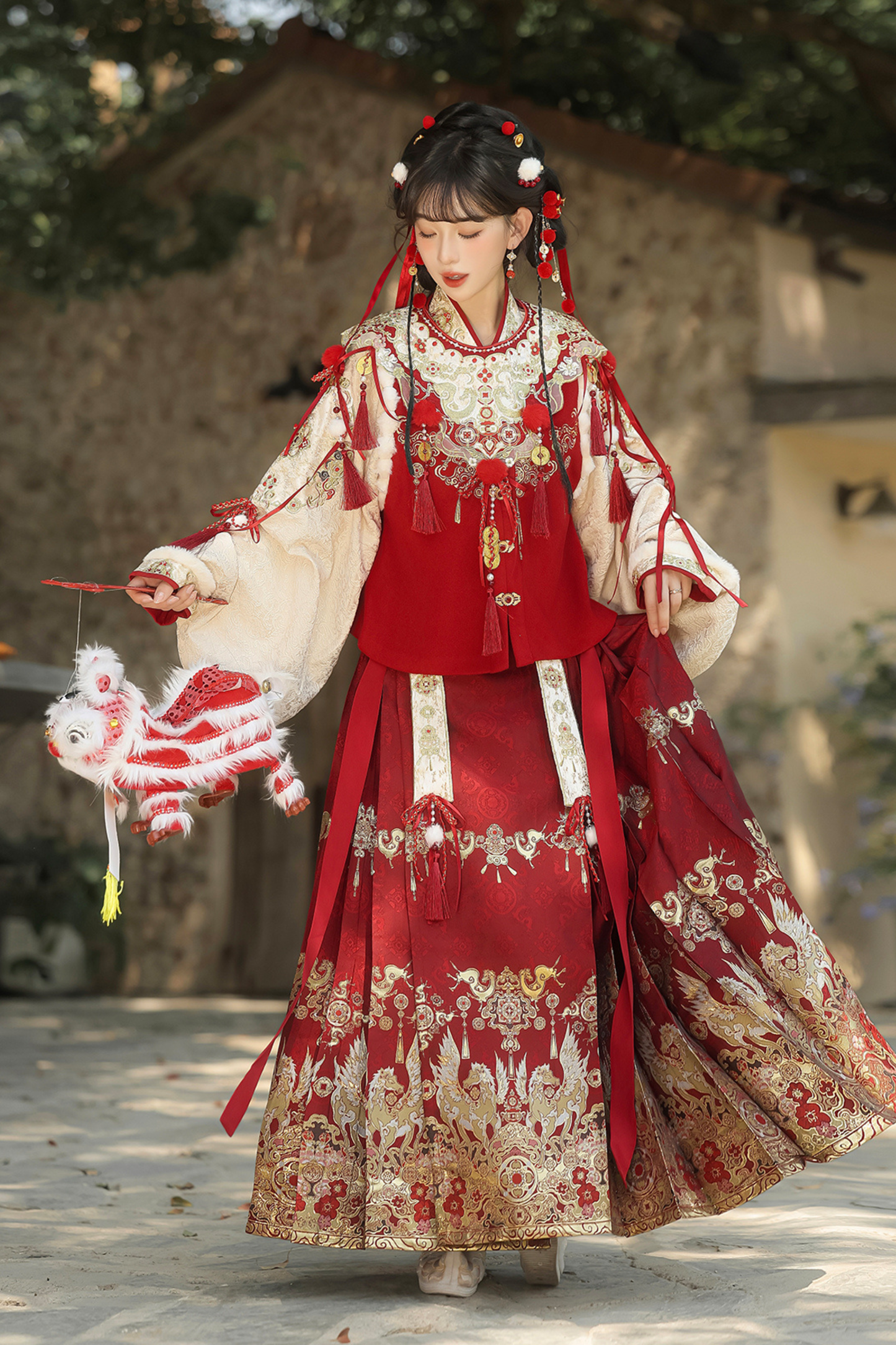 Retro Chinese-style Top + Skirt + Vest + Shoulder