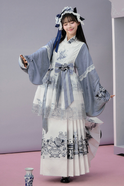 Chinese-style Jacket + Skirt + Overskirt + Ribbon + Brooch + Headband