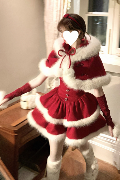 Red Velvet Cake Fur Coat + Suspender Skirt + Sleeves