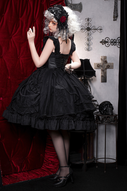 Dark Gothic Ruffle Lolita Dress + Waist Belt + Train + Hairband