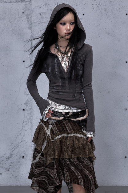 Lace Patchwork Tight Hooded Hoodie