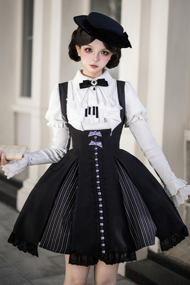 Sweet Lolita Flare Jumper Skirt + Tops + Hat + Ribbon + Collar