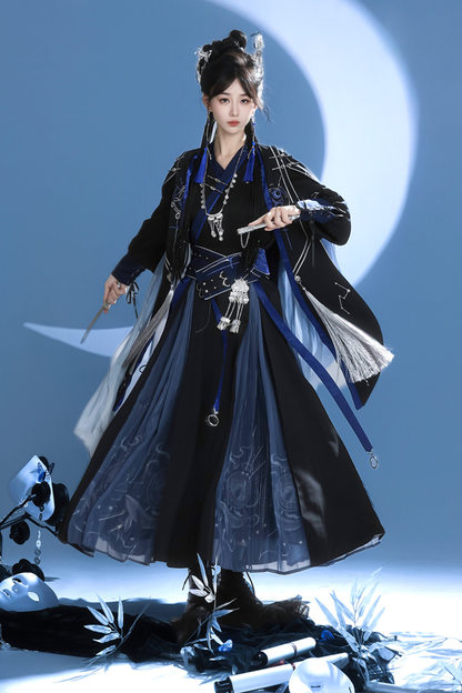 Dark Chinese-style Hooded Top + Belt + Cape + Necklace + Skirt
