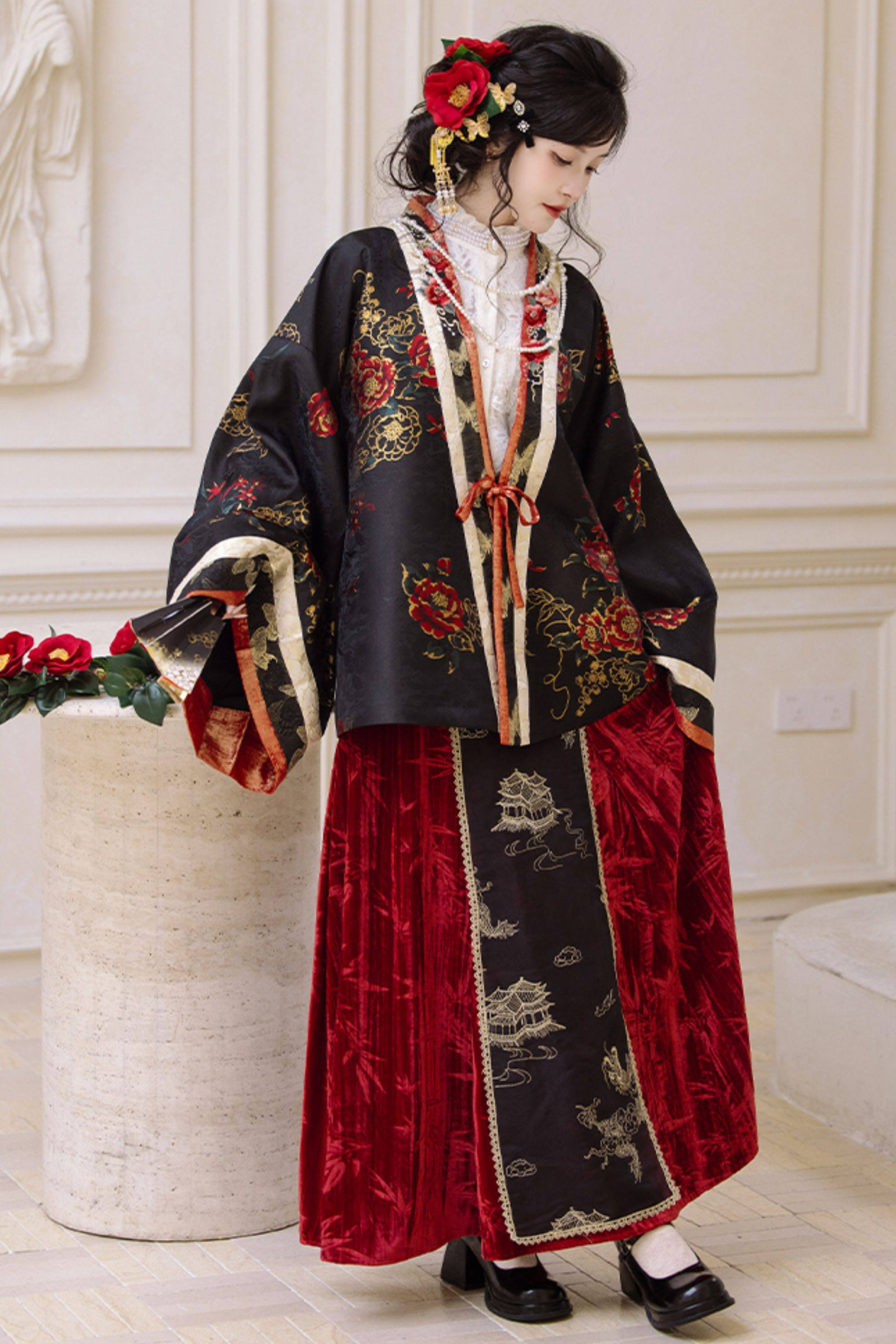 Chinese-style Design Top + Long Skirt + Apron