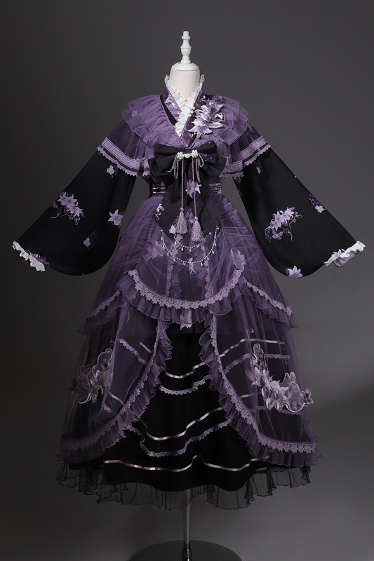 Dark Chinese-style Cross Collar Dress + Overdress + Skirt