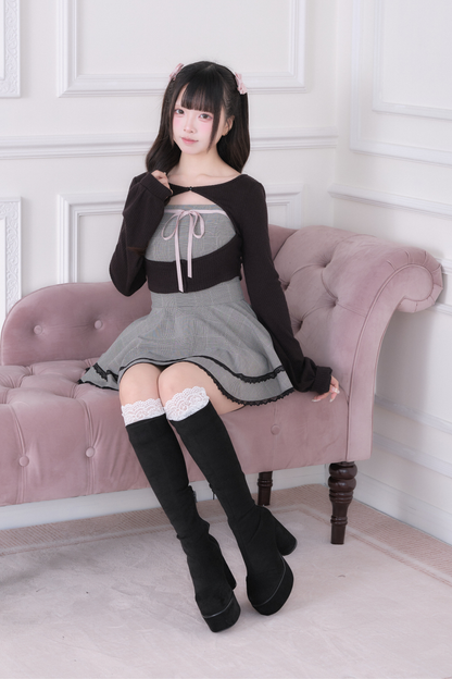 Lace Cardigan + Checkered Dress + Inner Pants