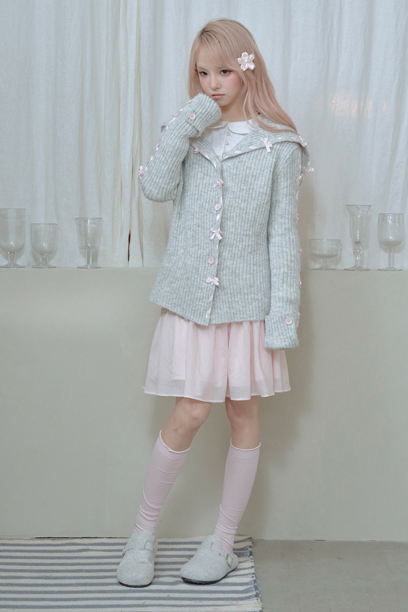 Lace-up Line Ribbon Knit Cardigan