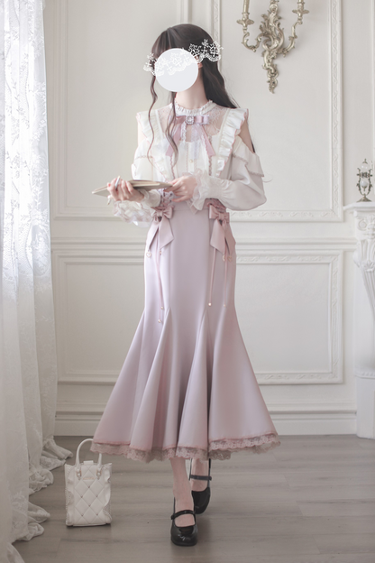 Off-the-shoulder Design Shirt + Mermaid Skirt