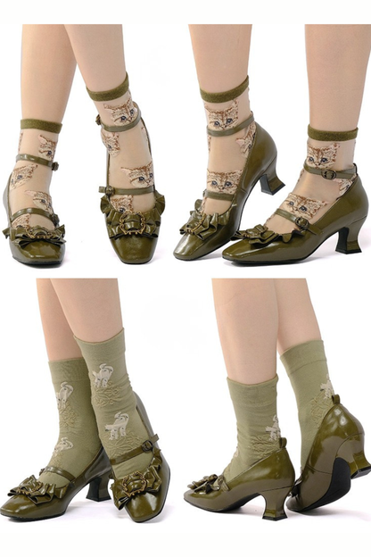 Leather Ribbon Ruffle Lolita Heels