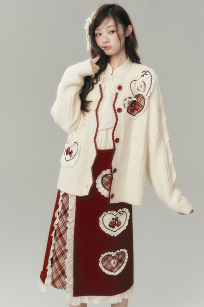 Strawberry Cream Cardigan + Skirt + High Neck Top + Hairpin