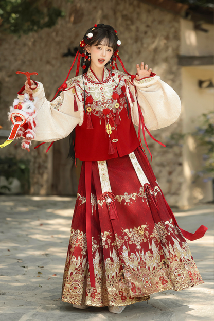 Retro Chinese-style Top + Skirt + Vest + Shoulder