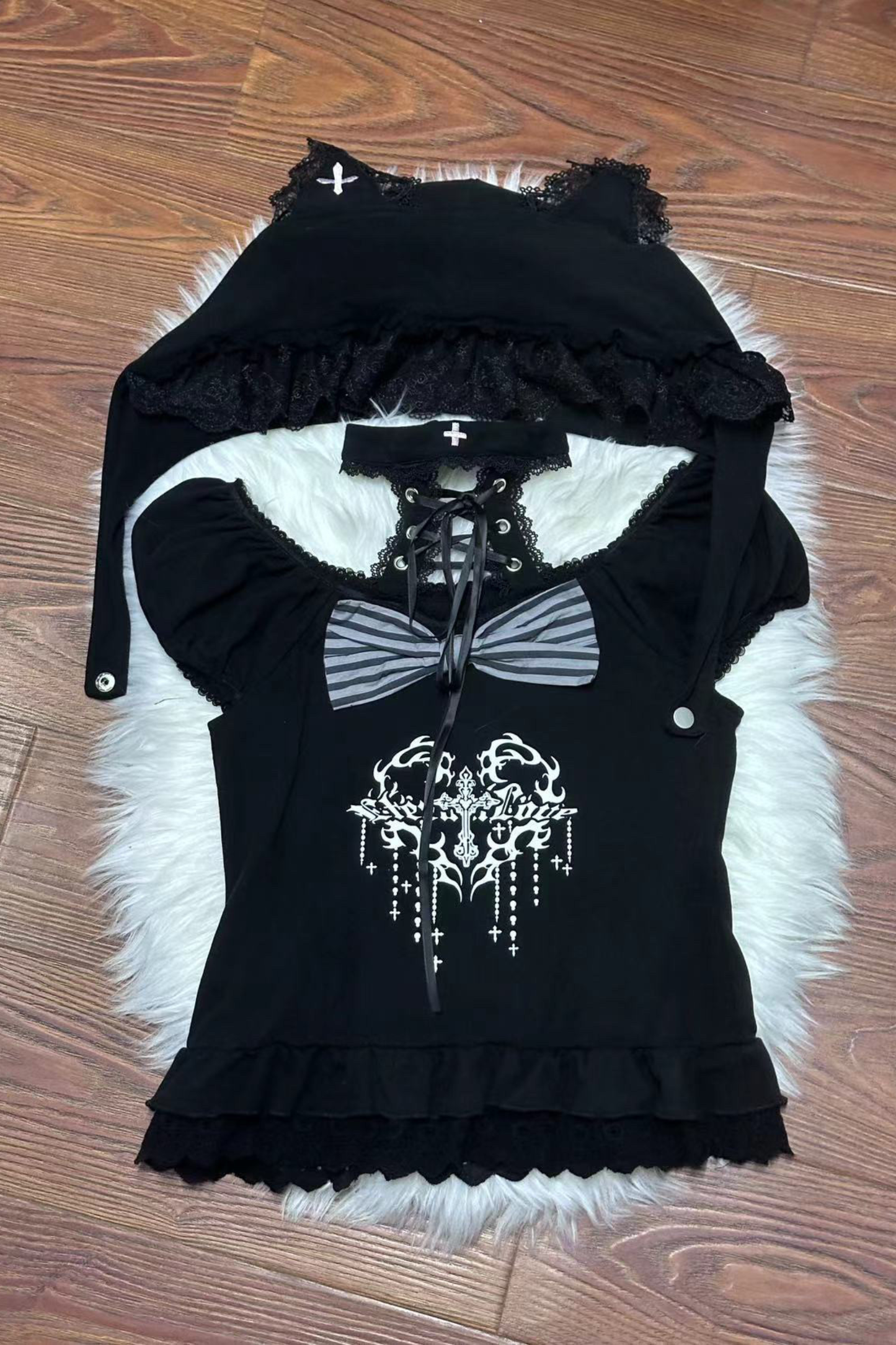 Cat Puff Sleeve Top + Suspender Skirt + Pants + Hat