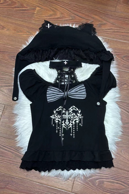 Cat Puff Sleeve Top + Suspender Skirt + Pants + Hat