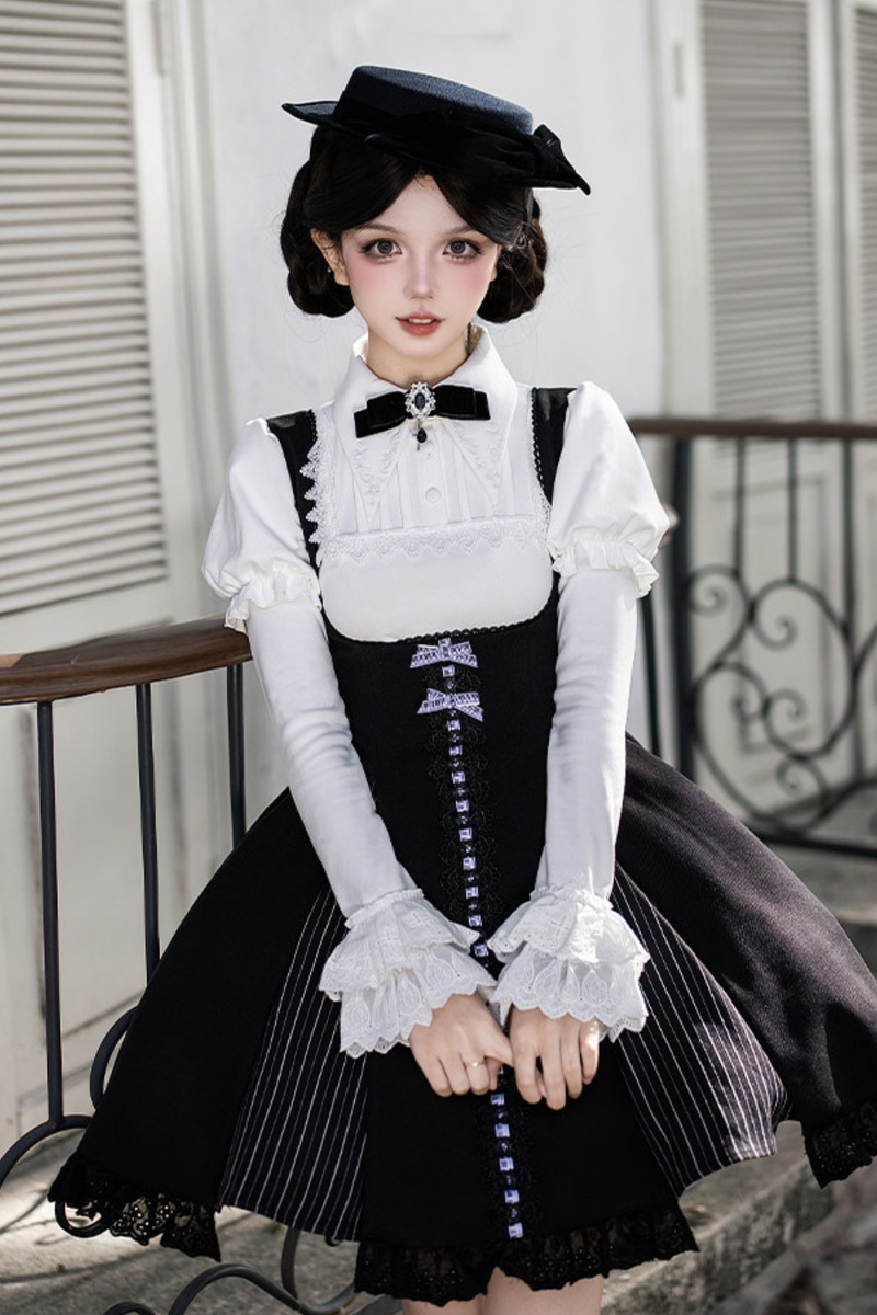 Sweet Lolita Flare Jumper Skirt + Tops + Hat + Ribbon + Collar