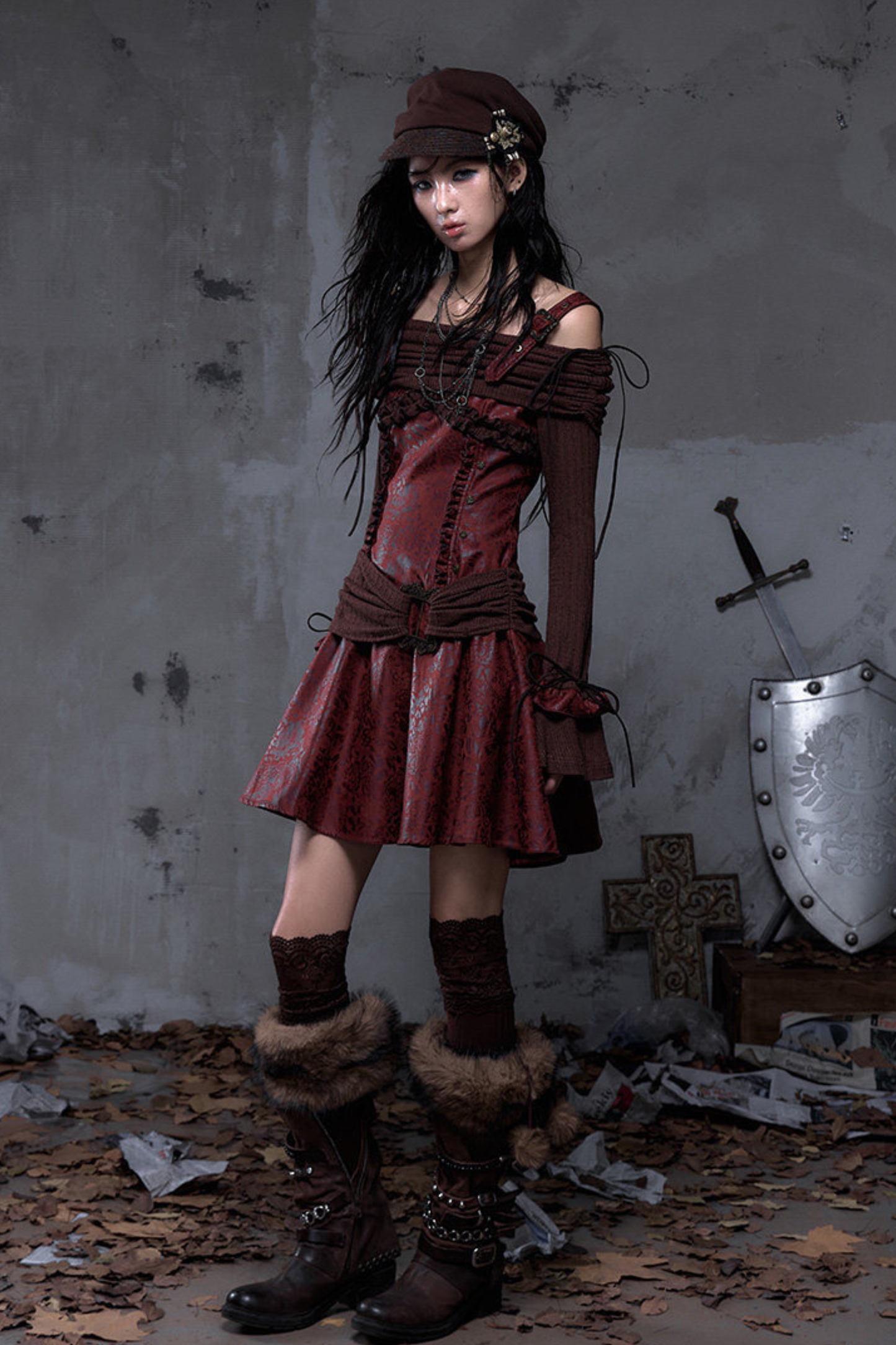 Retro Punk Off Shoulder Patchwork Dress