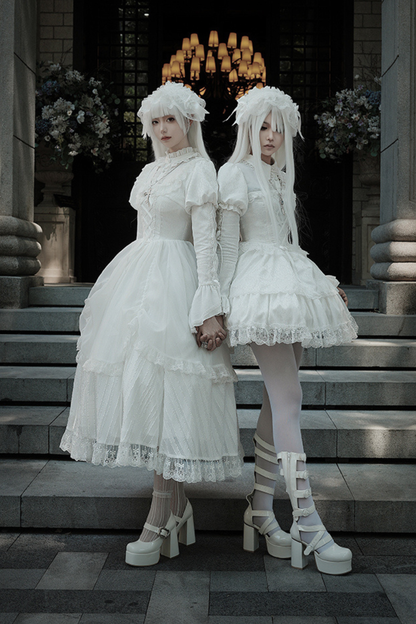 White Gothic Gemini Lolita Dress + Corset + Ribbon + Headband + Veil