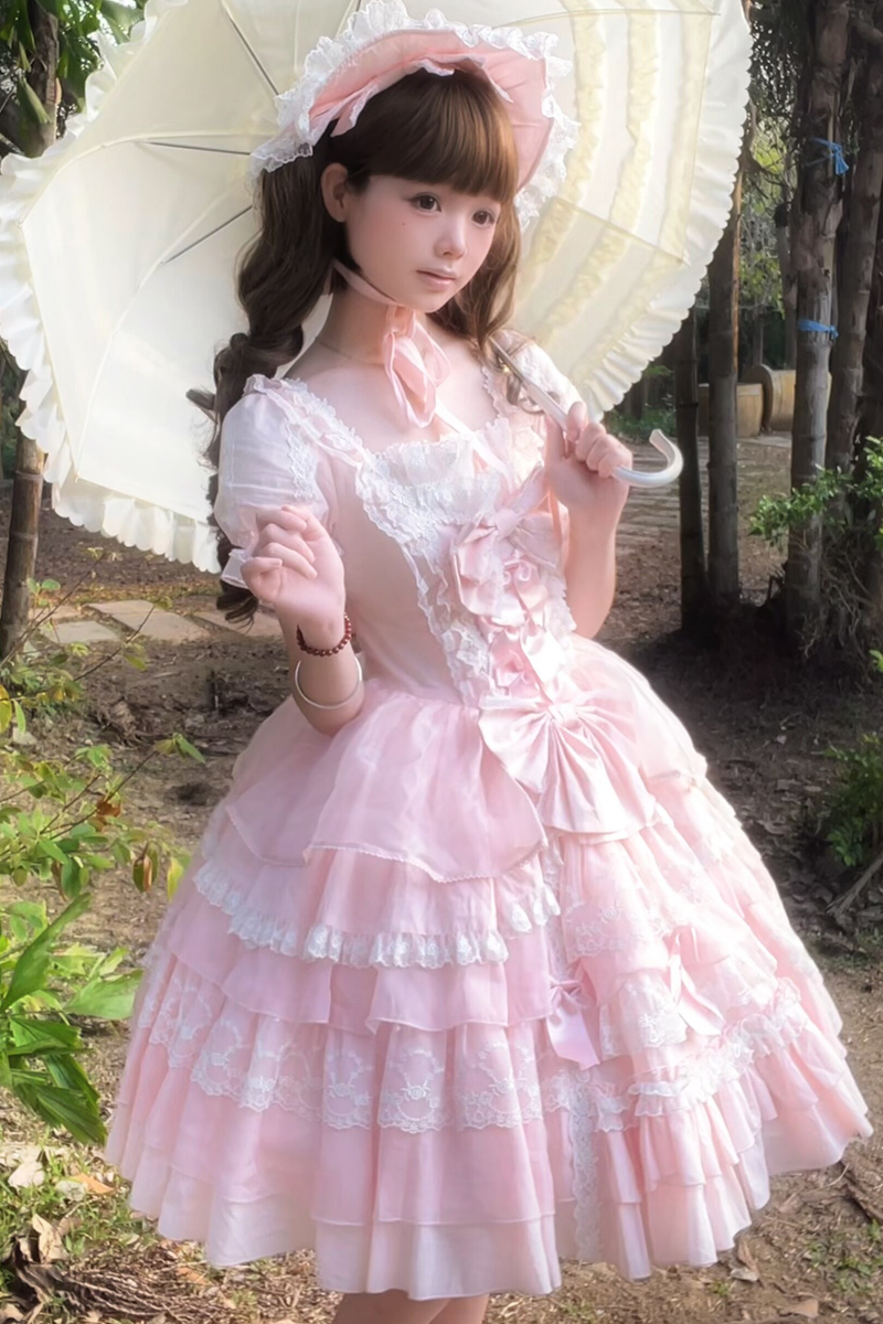 Sweetheart Ruffle Ribbon Lolita Dress + Bnt + Necklace + Princess Sleeve