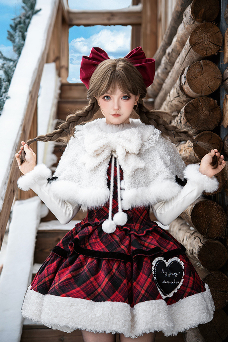 Checked Doll Jumper Skirt + Bow Brooch + Pin + Love Brooch + Shawl + Top + Leg Warmers