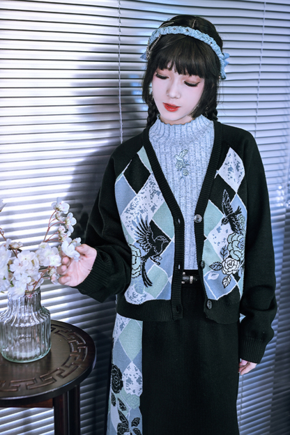 Argyle Cardigan + Asymmetric Skirt