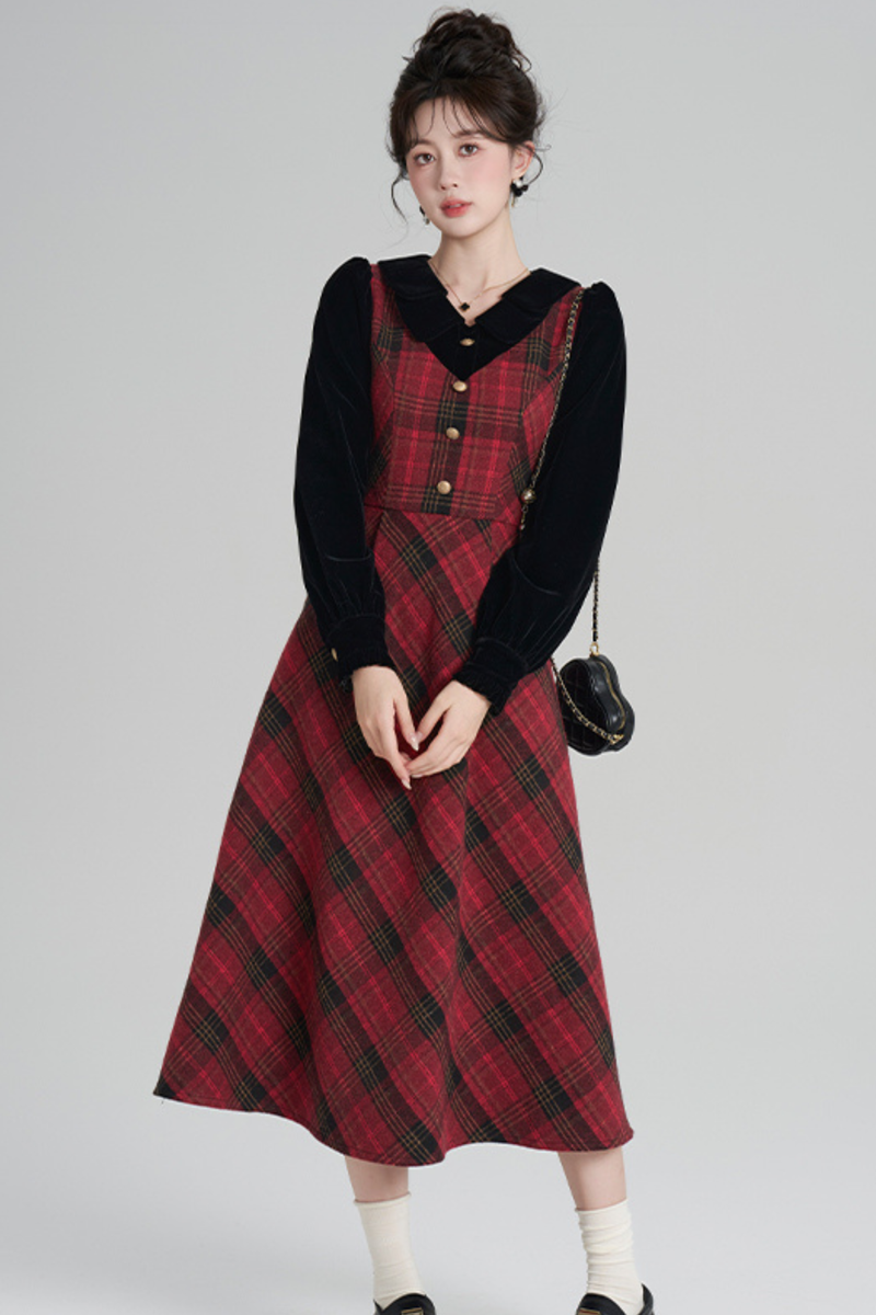 Red Retro Check Tweed Dress