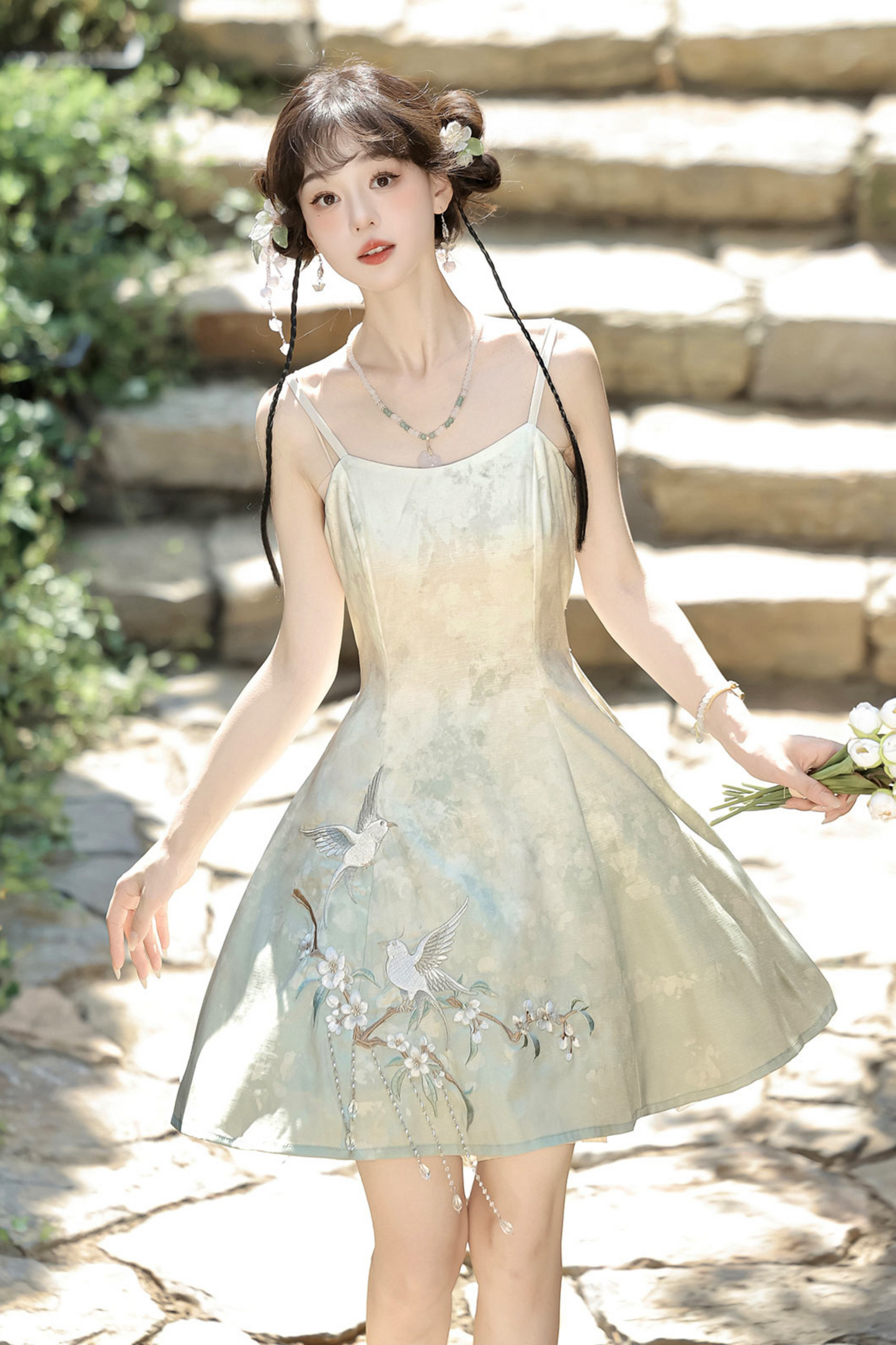 Chinese-style Gradient Retro Dress + Sheer Cardigan