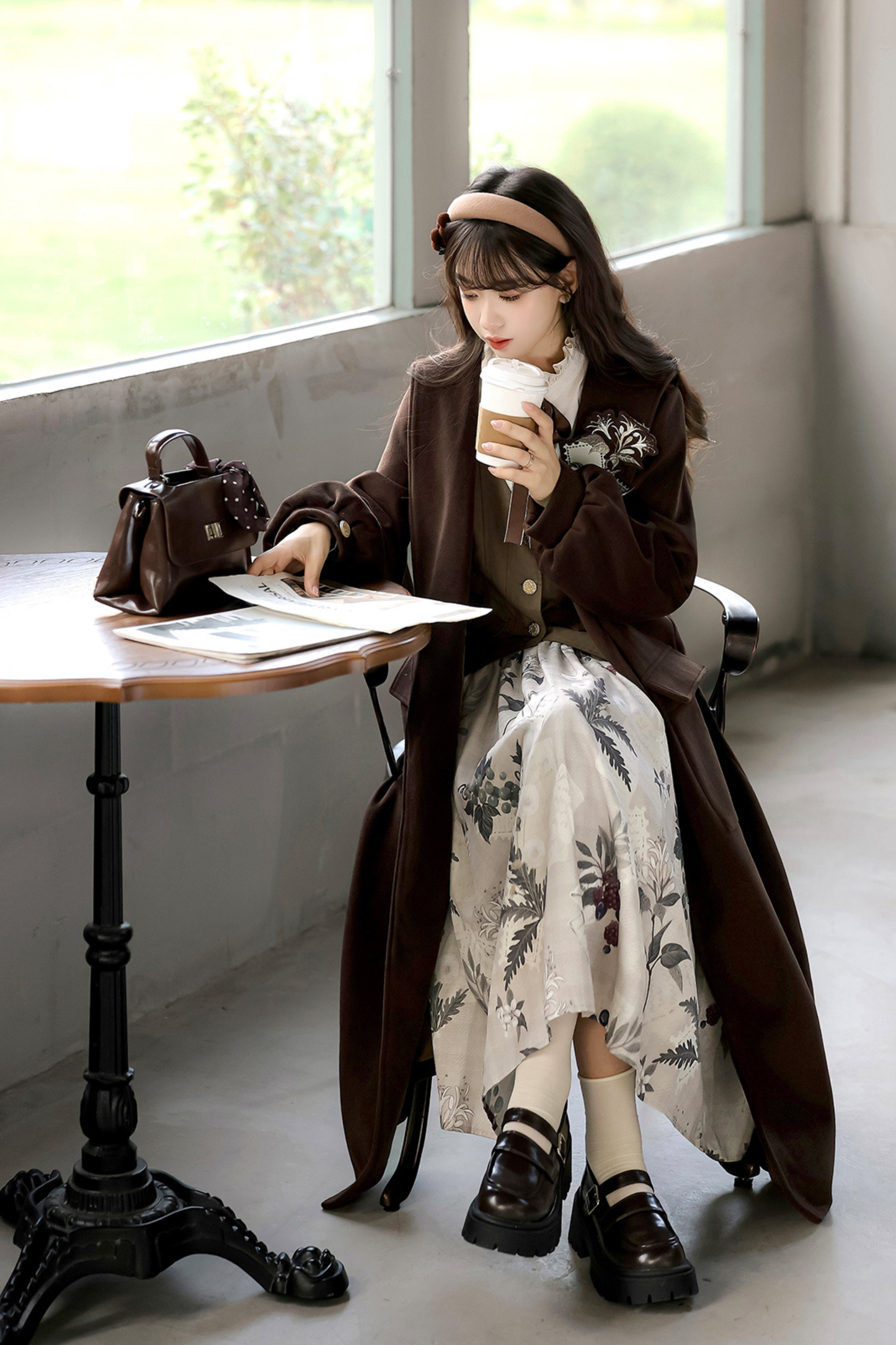 Retro Long Coat + Skirt + Shirt + Vest