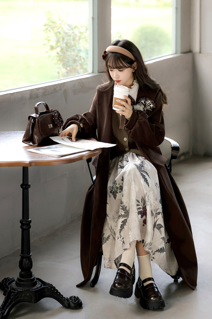 Retro Long Coat + Skirt + Shirt + Vest