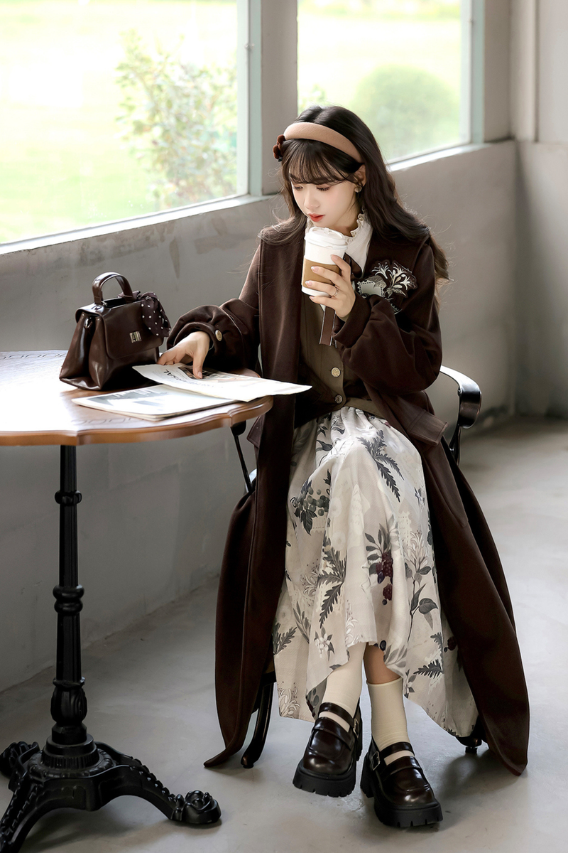 Retro Long Coat + Skirt + Shirt + Vest