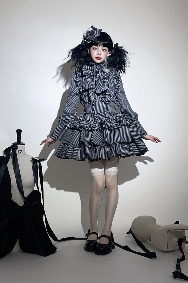 Striped Gothic Lolita Shirt + Tiered Skirt