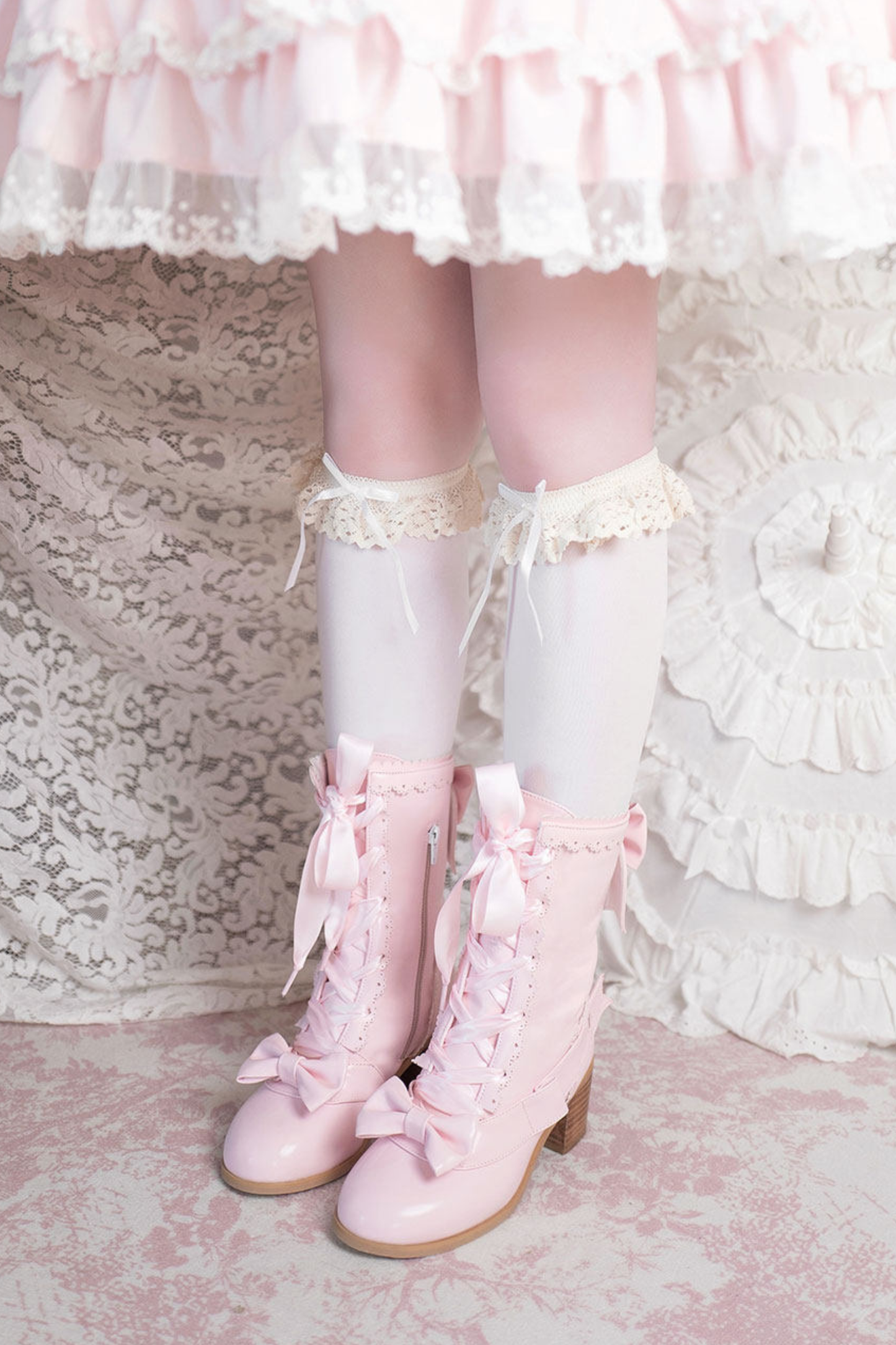 Ribbon Lace Up Mid Calf Boots