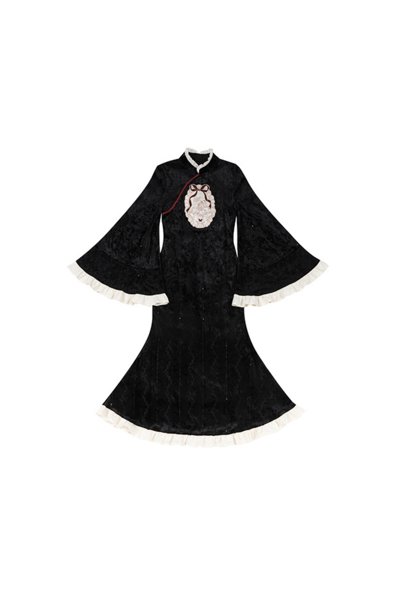Retro Black Velvet Mermaid Tail Cheongsam Dress + Cape