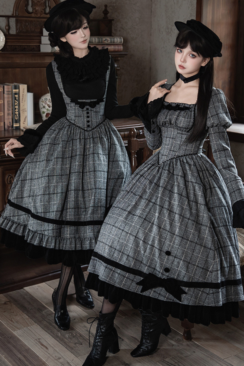 Plaid Fishbone Chest Jsk + Dress + Innerwear + Ribbon + Hat