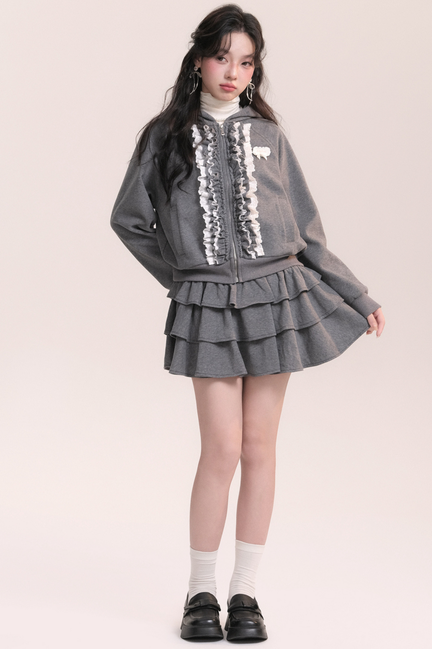 Ballet Lace Sweatshirt Hooded Jacket + Tiered Skirt