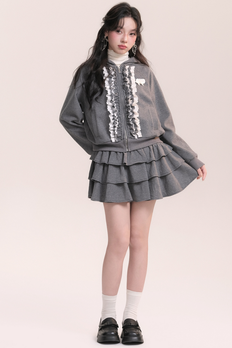 Ballet Lace Sweatshirt Hooded Jacket + Tiered Skirt