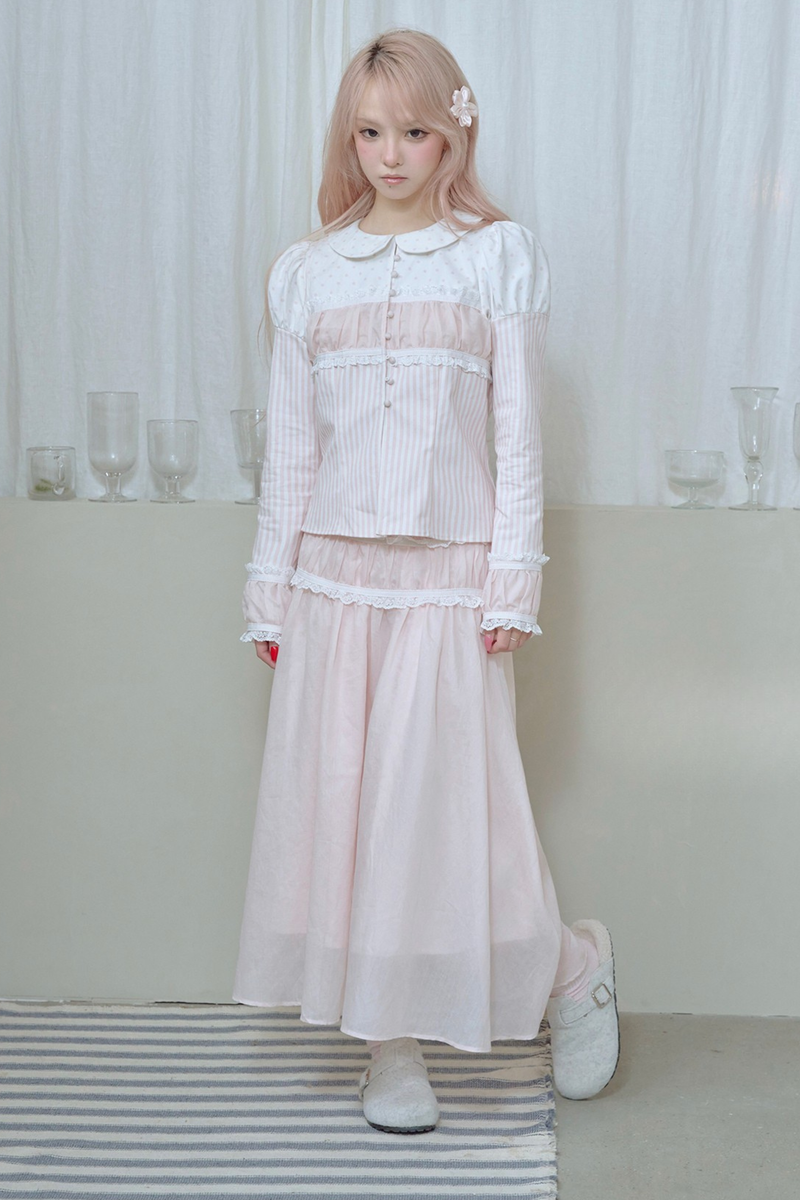 Striped Doll Collar Puff Sleeve Shirt