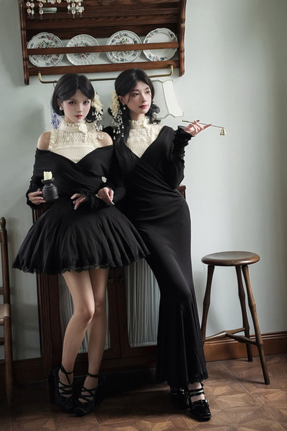 Low V-neck Knit Stretch Slim Dress