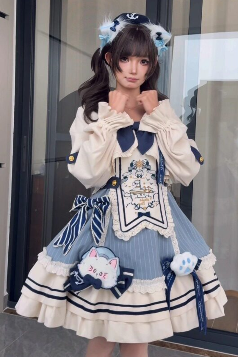 Candy Sailor Jacket + Jumper Skirt + Cat Hat + Headband