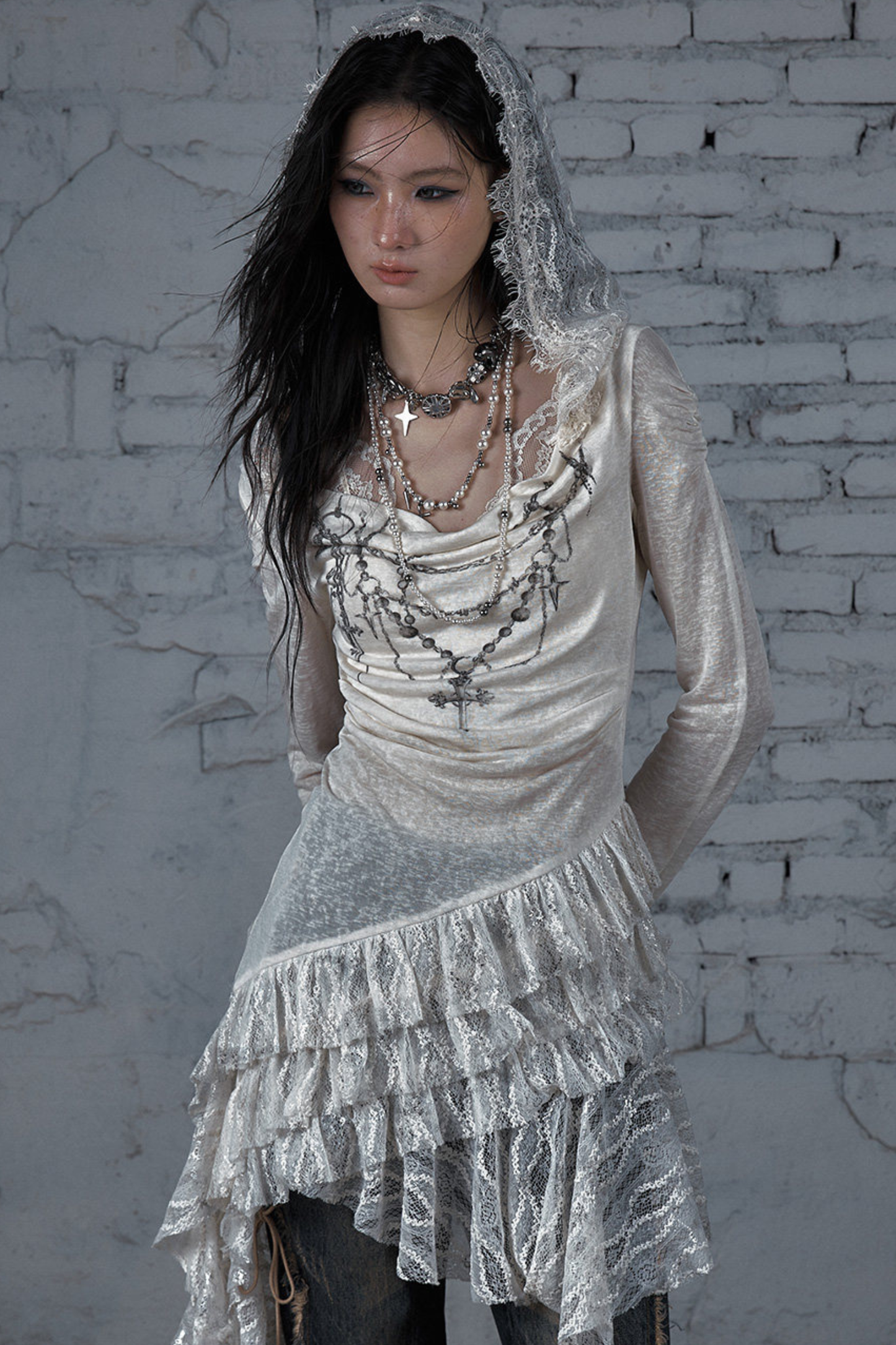 Punk Lace Hood Asymmetrical Dress