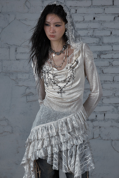 Punk Lace Hood Asymmetrical Dress