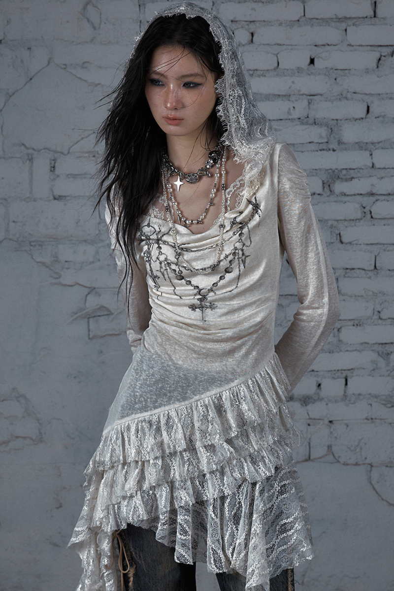 Punk Lace Hood Asymmetrical Dress