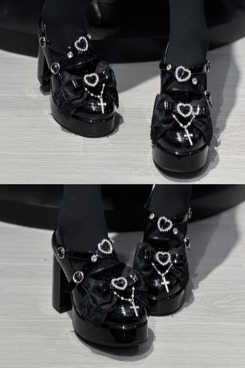 Stone Heart Ribbon Platform Shoes