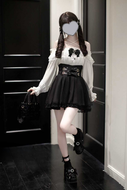 Jirai Off-the-shoulder Shirt + Plaid Skirt (with Inner Pants)