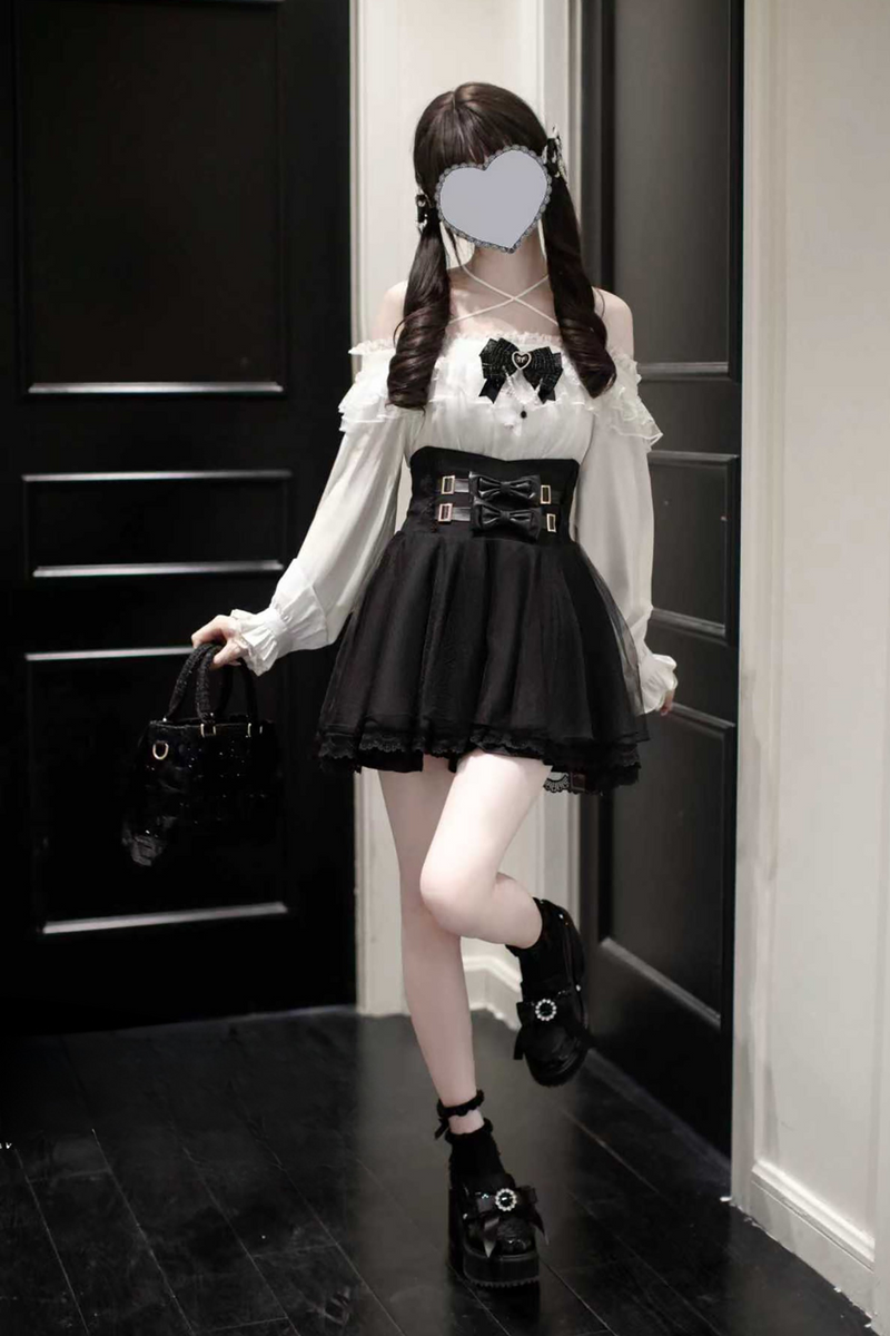 Jirai Off-the-shoulder Shirt + Plaid Skirt (with Inner Pants)