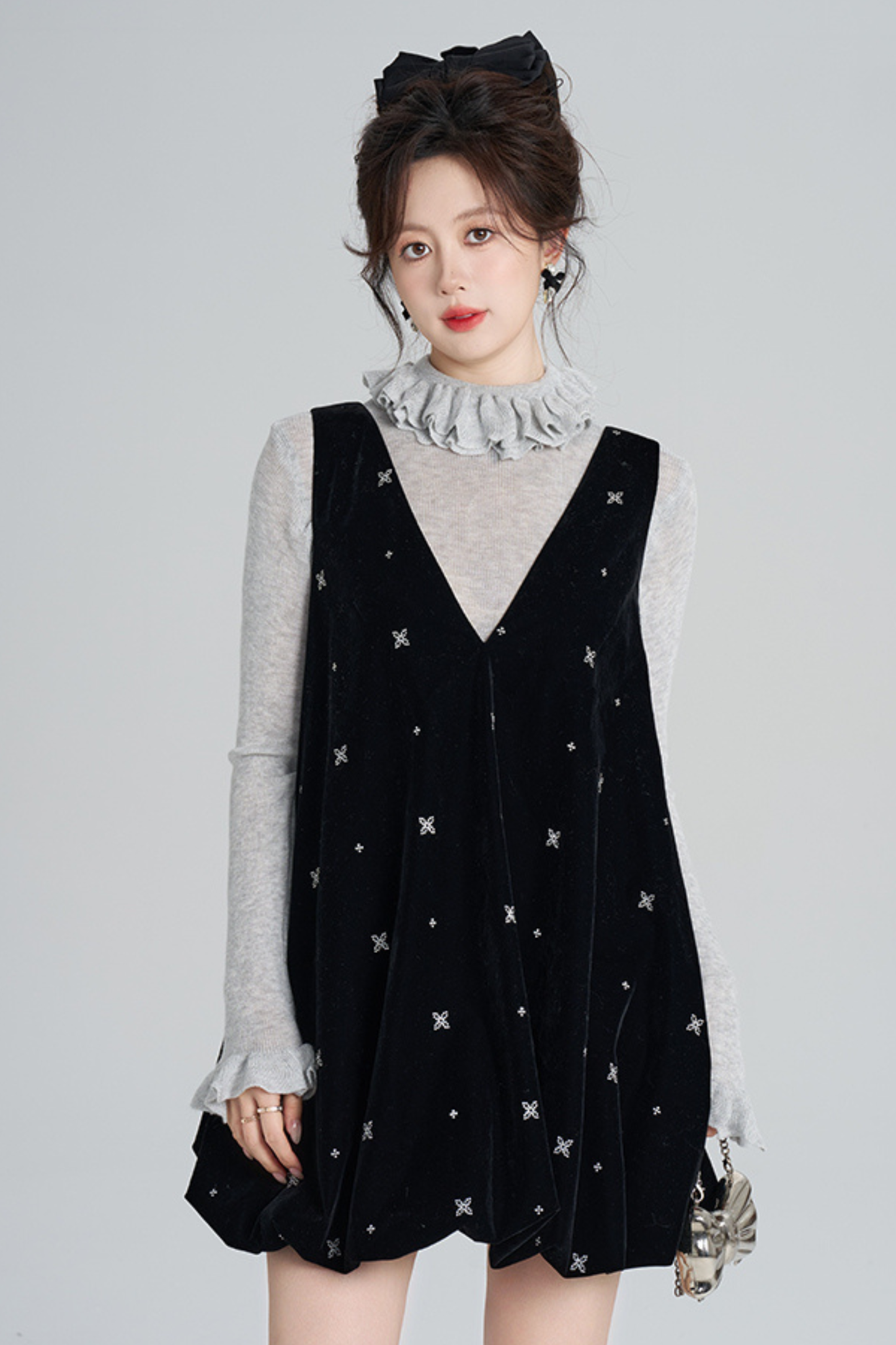 French Black Velvet Ribbon Balloon Dress