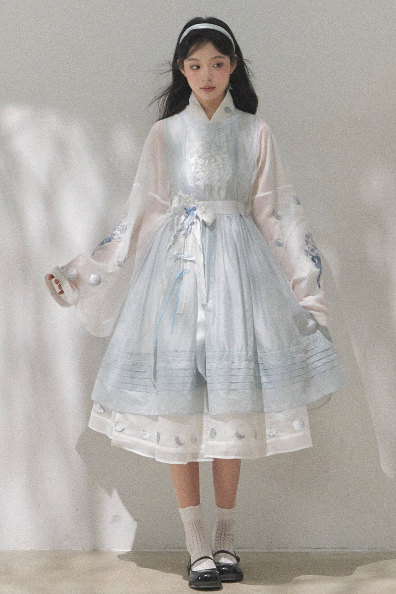 Pure White Chinese Dress + Cover Apron + Belt