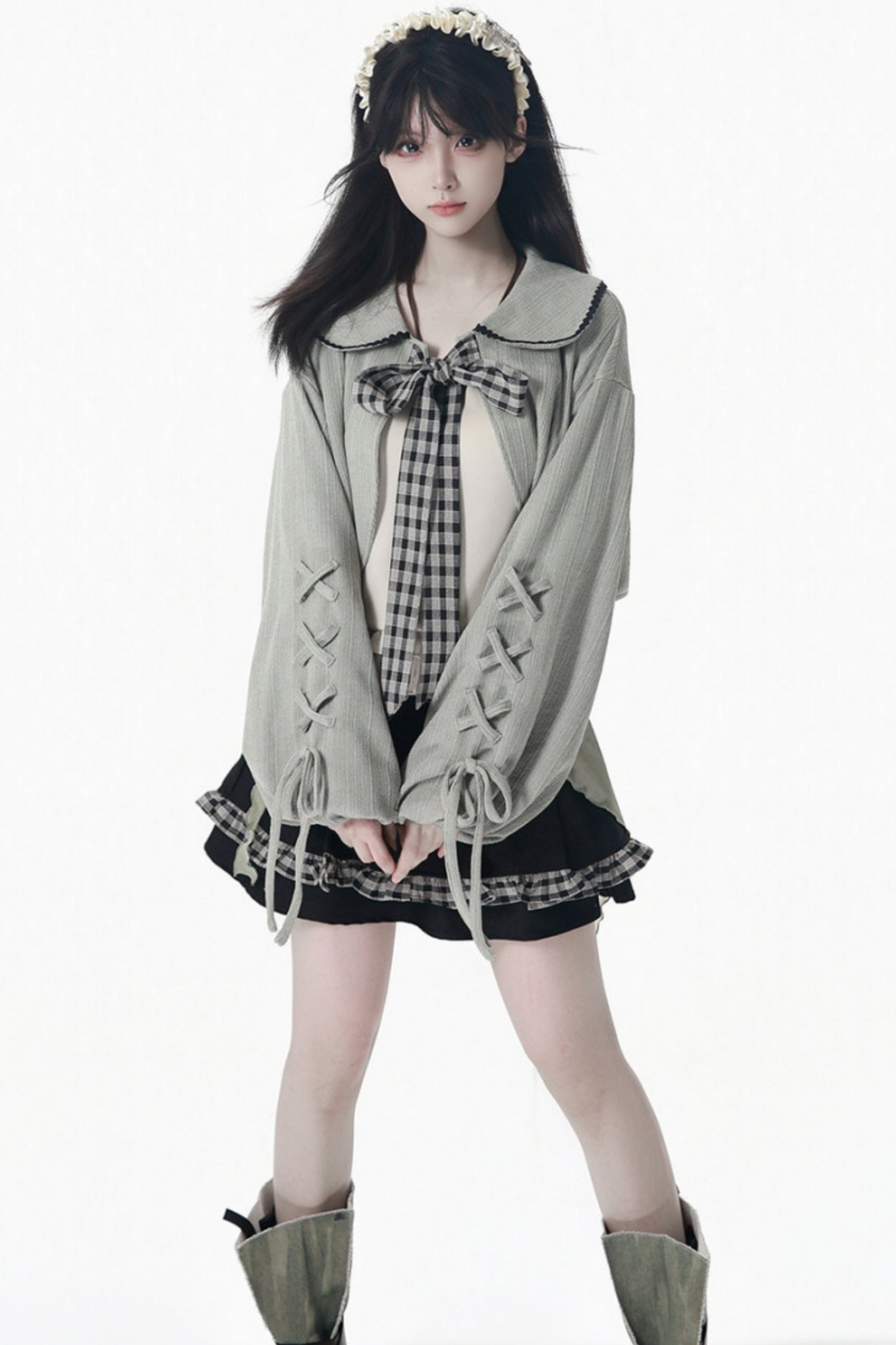 Plaid Ribbon Camisole Two Piece Jacket + Cape Coat + Skirt