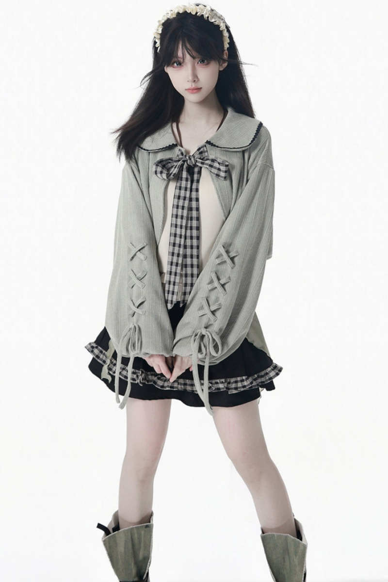 Plaid Ribbon Camisole Two Piece Jacket + Cape Coat + Skirt